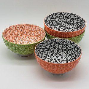 NOW Designs Stamped Green/Orange and Orange/Black Porcelain  4pc Rice Bowl Set